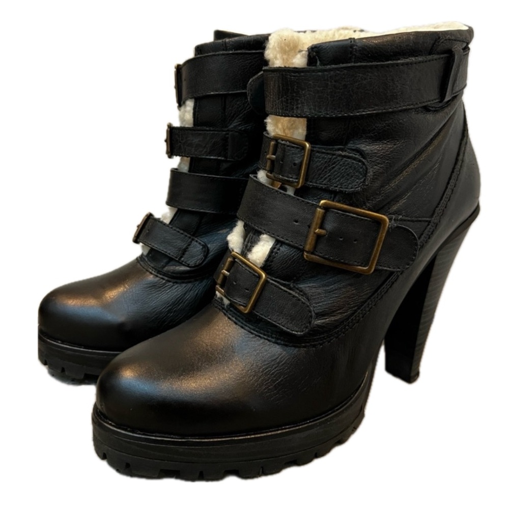 BROWNS | Black Leather Belted & Buckle Ankle Heel Booties Sherpa Interiors SZ 40
